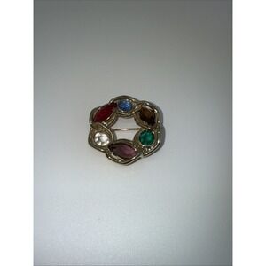 Vintage Gold-tone Brooch Wreath Design with Multi-colored Rhinestones